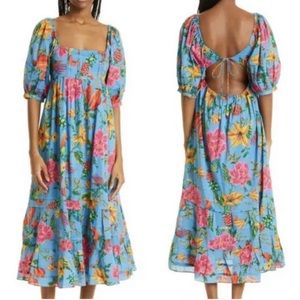 Beautiful Farm Rio Toucans Garden Blue Floral Tropical Midi Maxi Dress Open Back